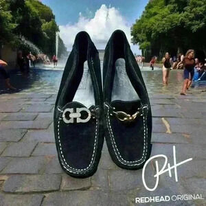 Classic black ladies driving shoe- suede and leather made in Italy- gold logos